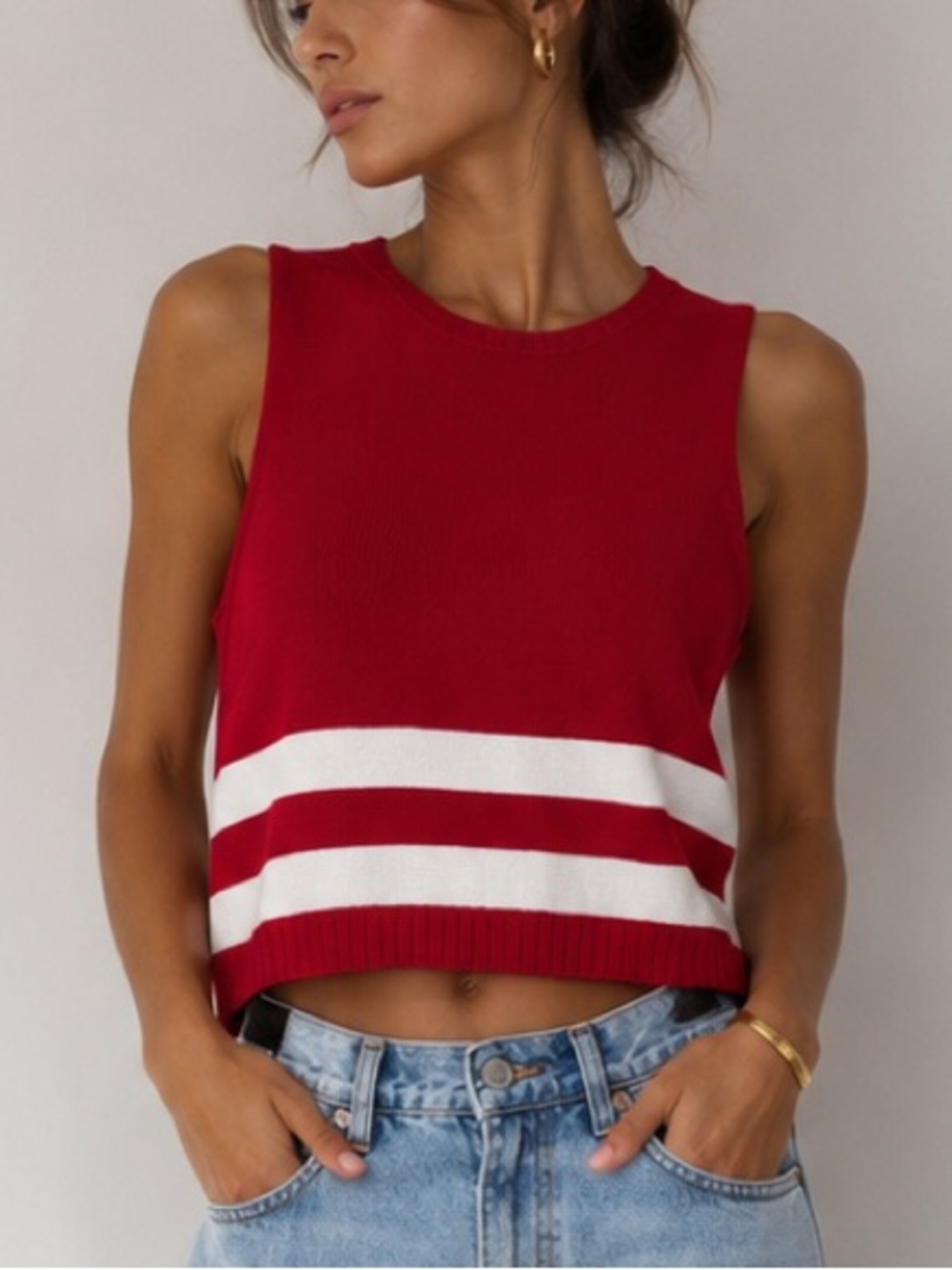 Dries Van Noten Red Sleeveless Sweater Top with White Stripes (Size S)